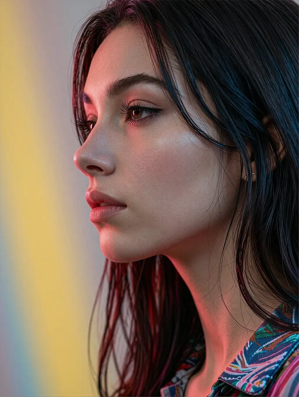 Close profile of a fictional AI character, dark hair, warm yellow light on the wall behind her