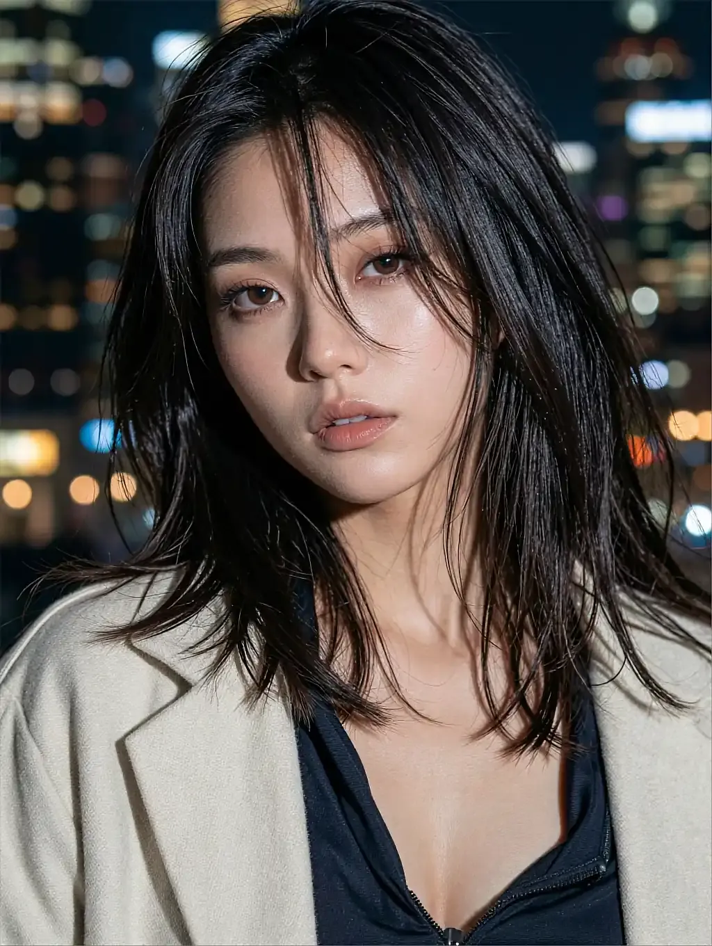Fictional AI character in a pale blazer against blurred city lights at night