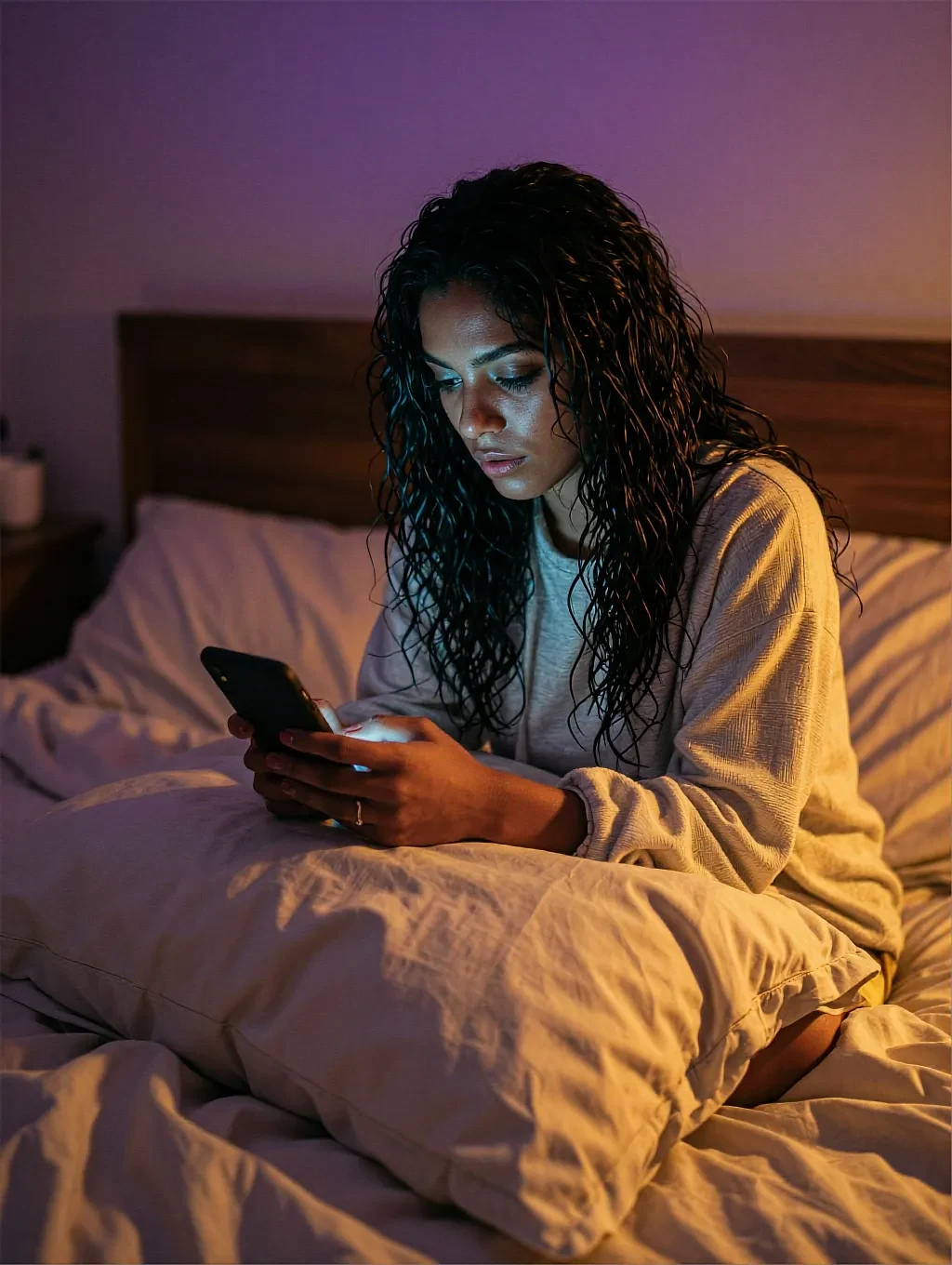 Fictional AI character in bed under a mustard duvet, reading her phone by lamplight