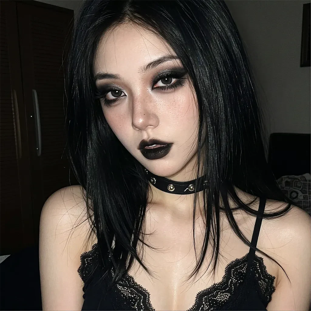 Close portrait of a fictional AI character with black lipstick and a choker in a dark room